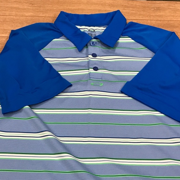 Oakley Large Regular Fit Blue White Stripe Short Sleeve Performance Golf Polo - Picture 6 of 8